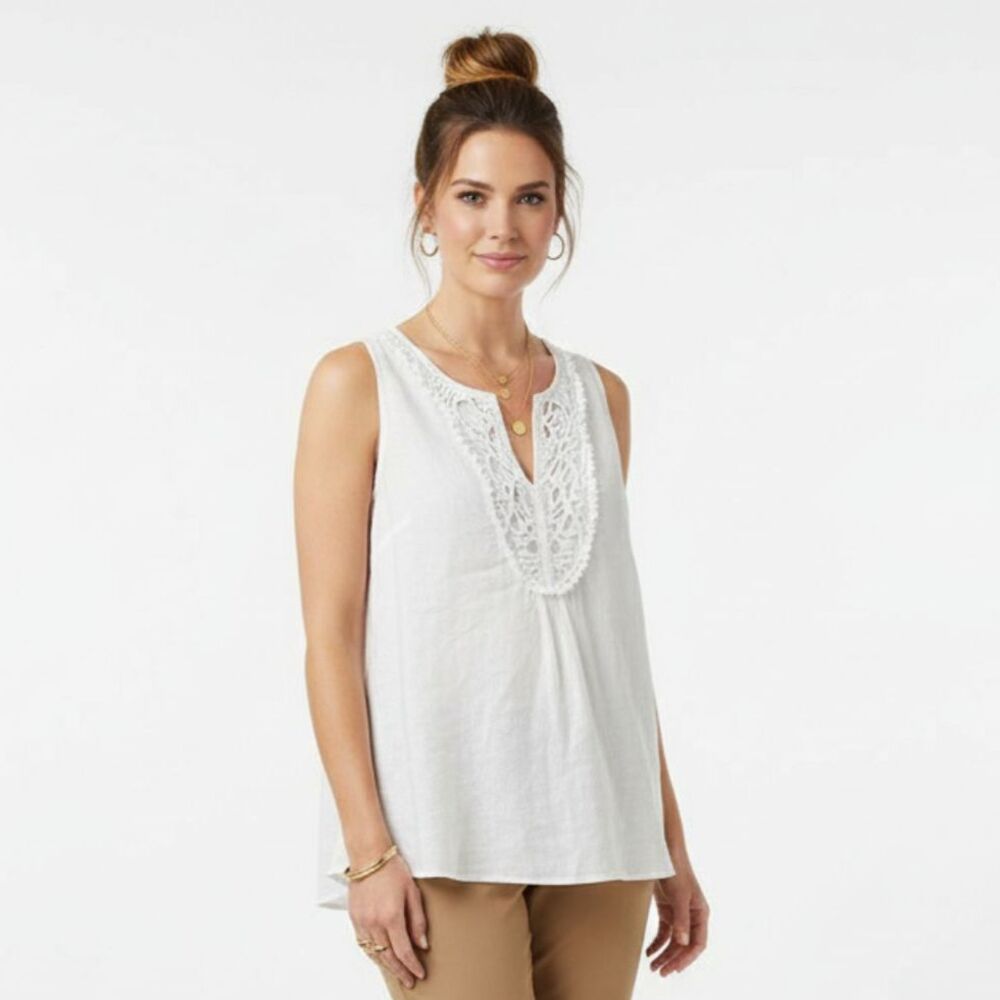 August Silk 100% Linen Sleeveless Crochet Lace Bodice Blouse Top L